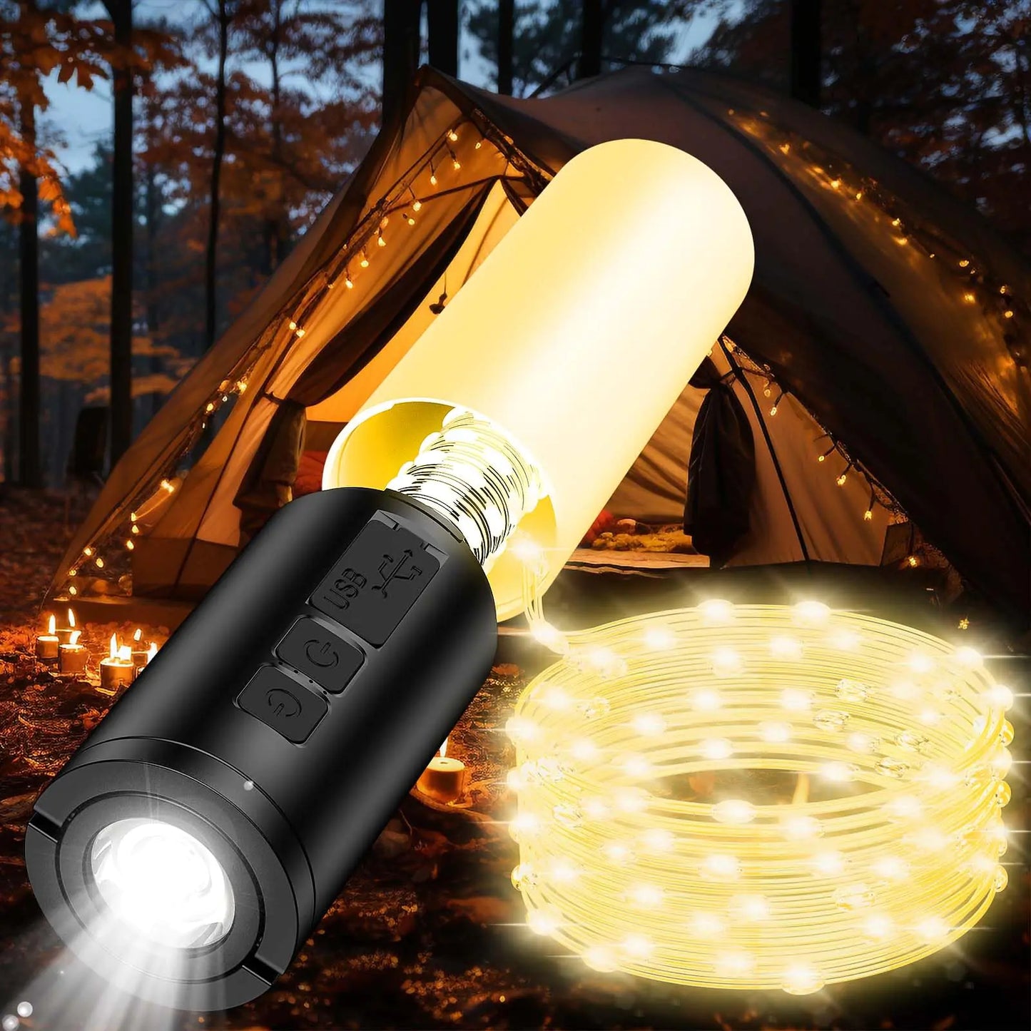 MoKo Camping Lantern String Lights - 10 Modes 33ft Camping Lights with 8000mAh Battery Camping Lantern Rechargeable Flashlight IP65 Waterproof Tent Lights for Emergency Garden Camping Outdoor